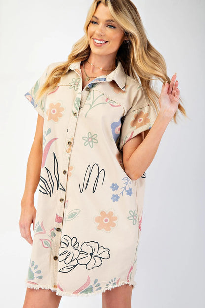 Easel Washed Print Shirt Dress Khaki