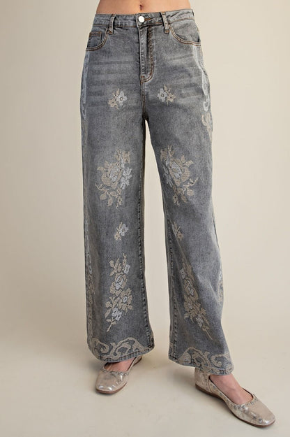 Easel Ash Denim Scroll Embroidered Denim Pants