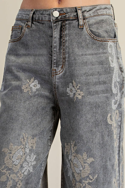 Easel Ash Denim Scroll Embroidered Denim Pants