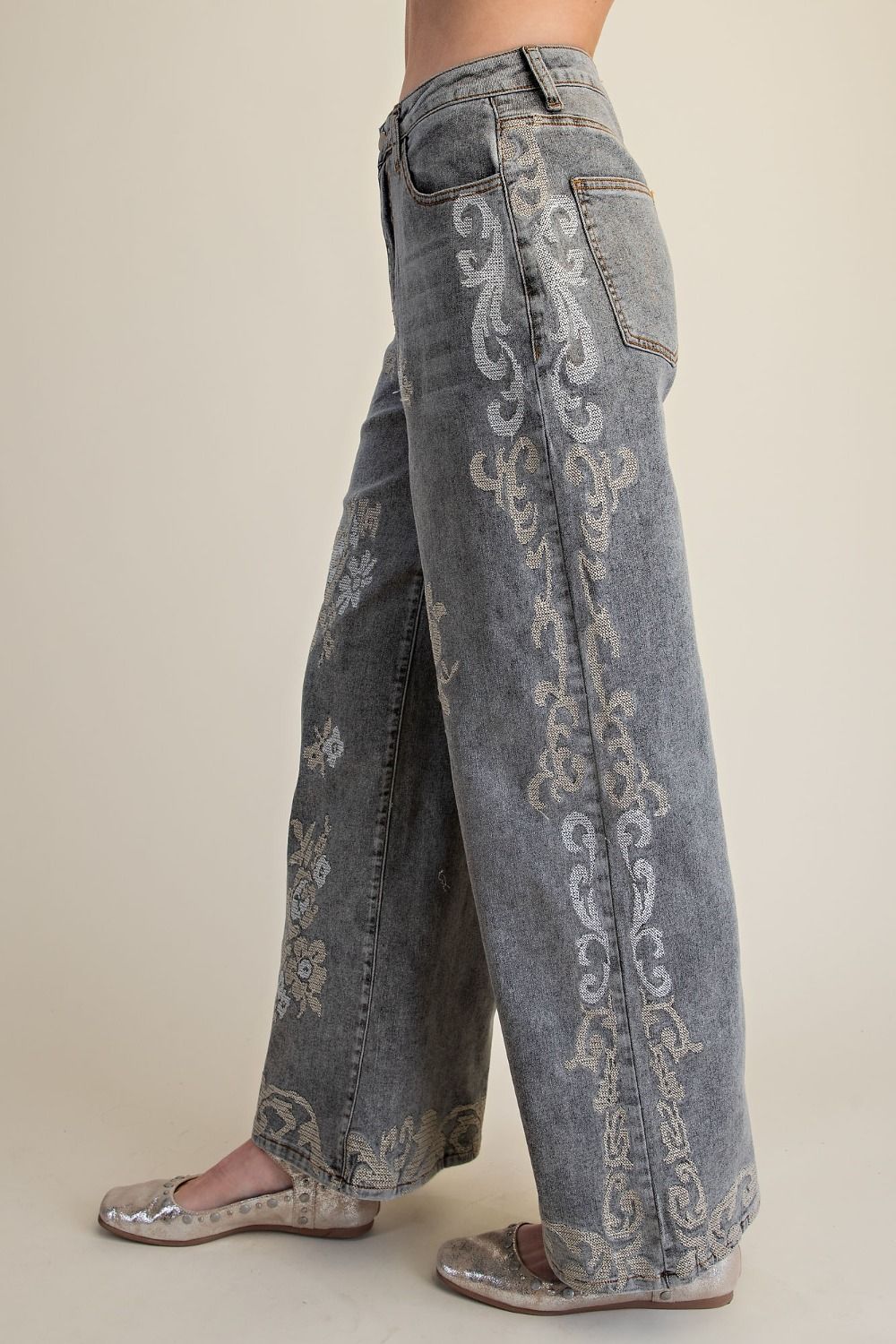Easel Ash Denim Scroll Embroidered Denim Pants