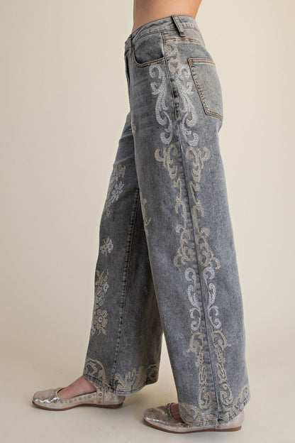 Easel Ash Denim Scroll Embroidered Denim Pants