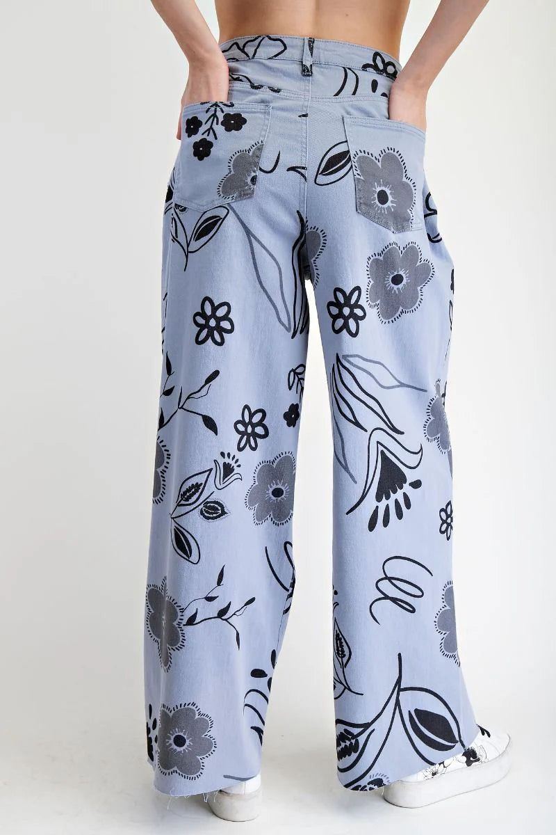 Easel Floral Printed Wide Pants Blue Grey