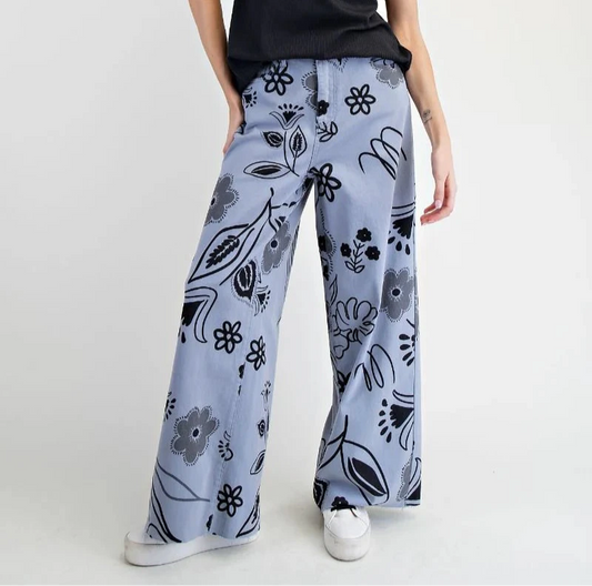 Easel Floral Printed Wide Pants Blue Grey