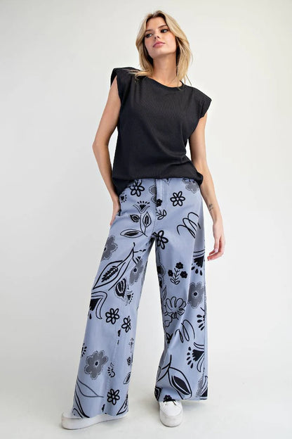 Easel Floral Printed Wide Pants Blue Grey