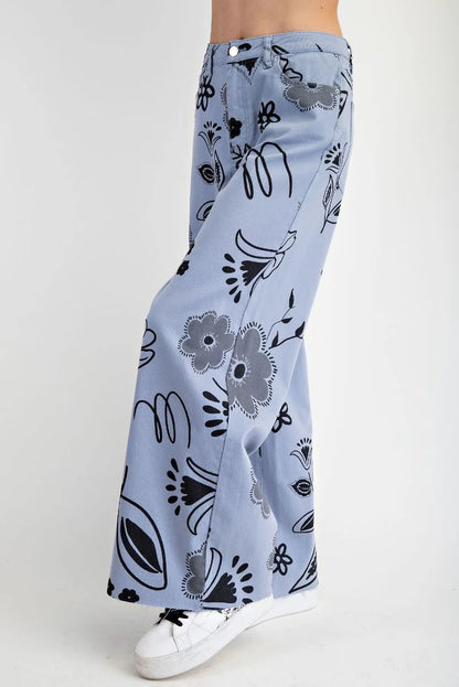 Easel Floral Printed Wide Pants Blue Grey