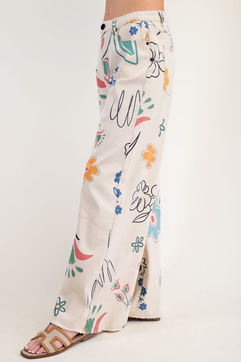 Easel Floral Printed Wide Pants Natural