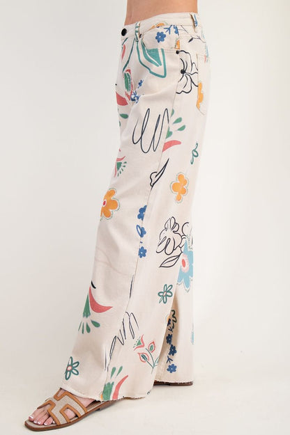 Easel Floral Printed Wide Pants Natural