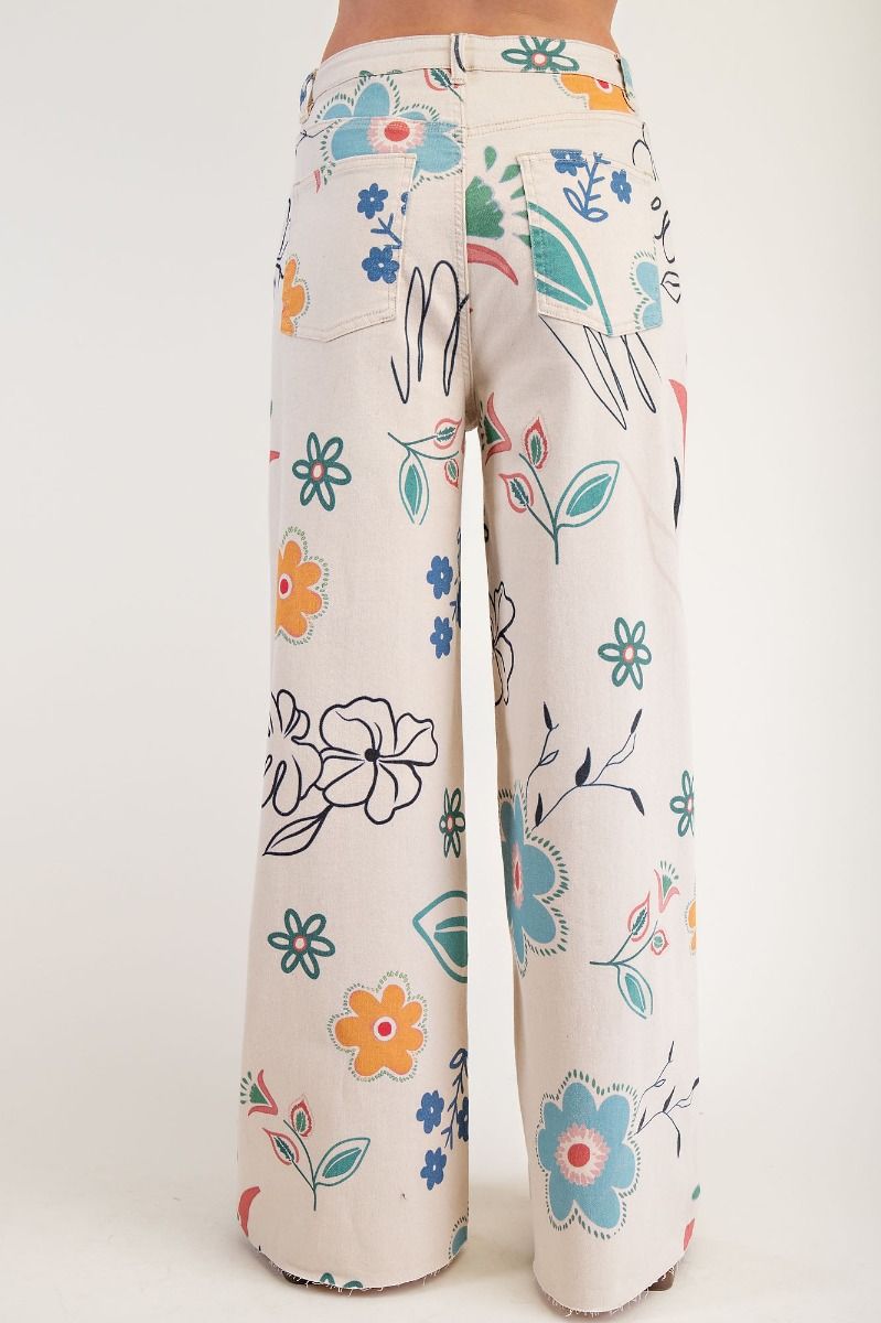 Easel Floral Printed Wide Pants Natural