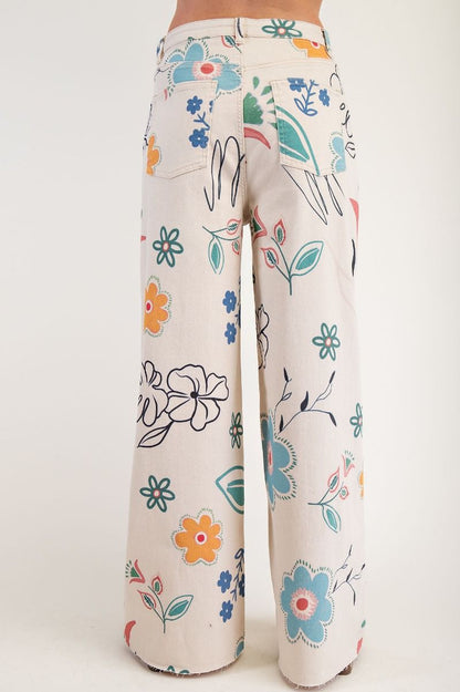 Easel Floral Printed Wide Pants Natural