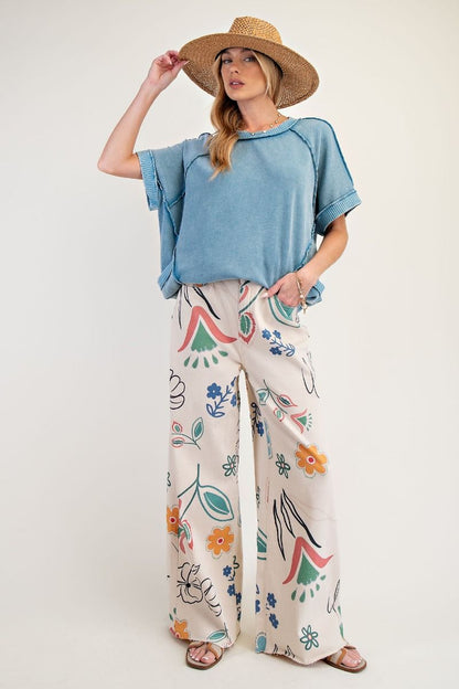 Easel Floral Printed Wide Pants Natural