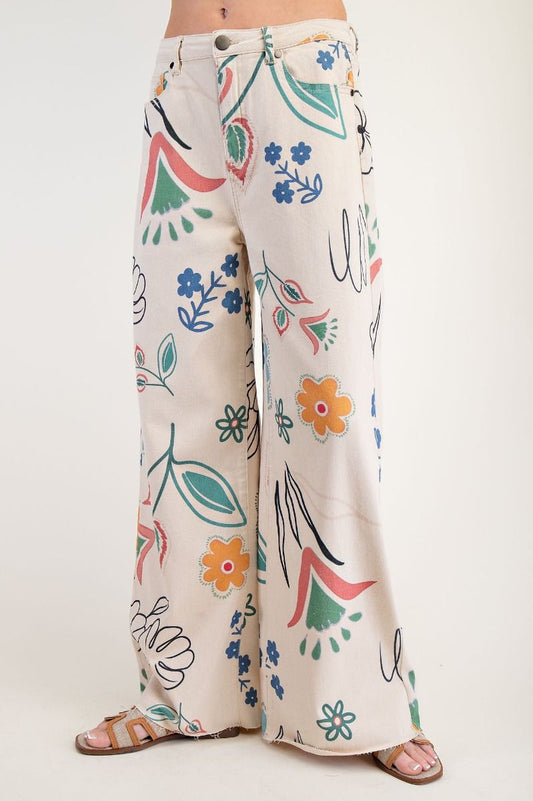 Easel Floral Printed Wide Pants Natural