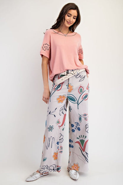 Easel Floral Printed Wide Pants Stone
