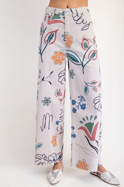 Easel Floral Printed Wide Pants Stone