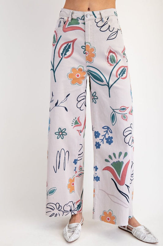 Easel Floral Printed Wide Pants Stone