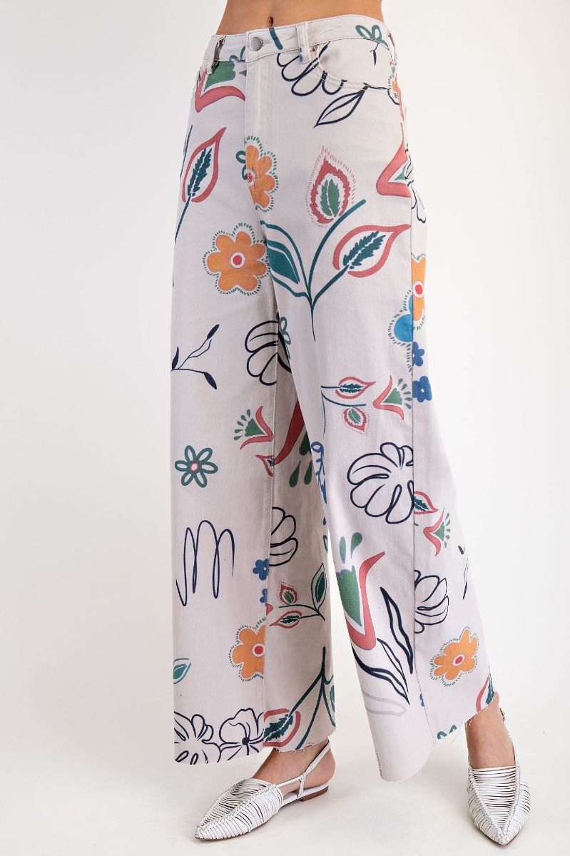 Easel Floral Printed Wide Pants Stone