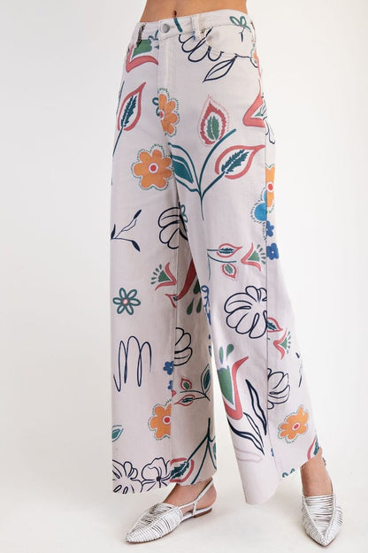 Easel Floral Printed Wide Pants Stone