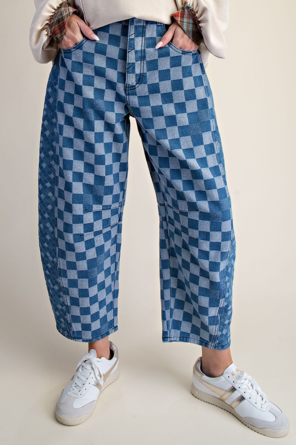 Easel Checkerboard Denim Barrel Pants