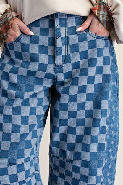 Easel Checkerboard Denim Barrel Pants