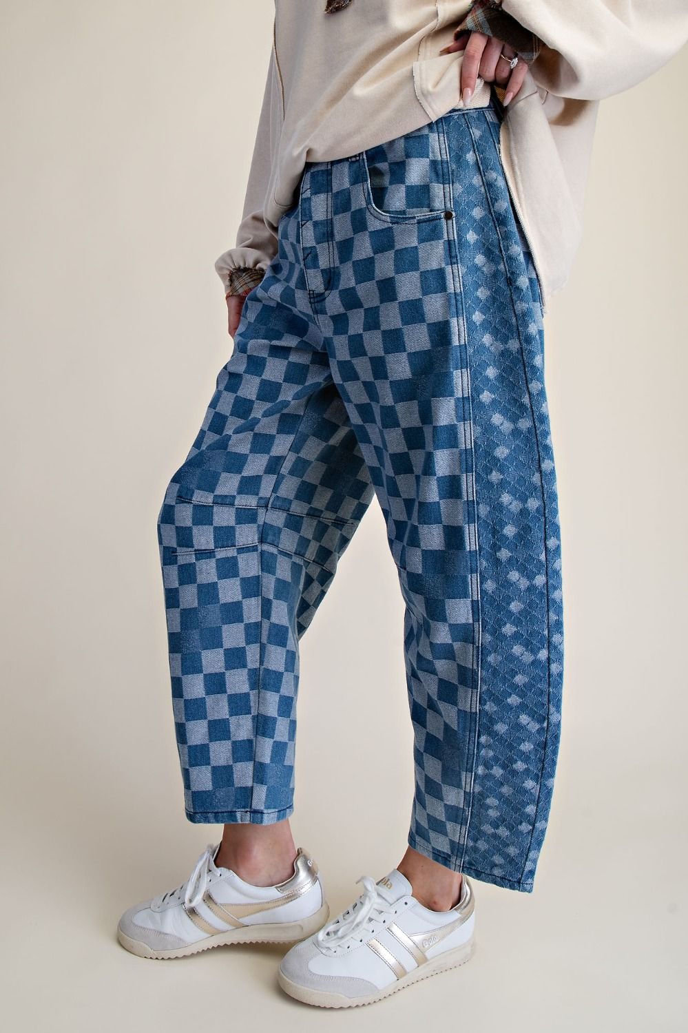 Easel Checkerboard Denim Barrel Pants