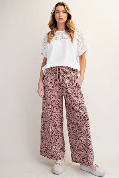Easel Animal Print Terry Knit Lounge Pants Antique Rose