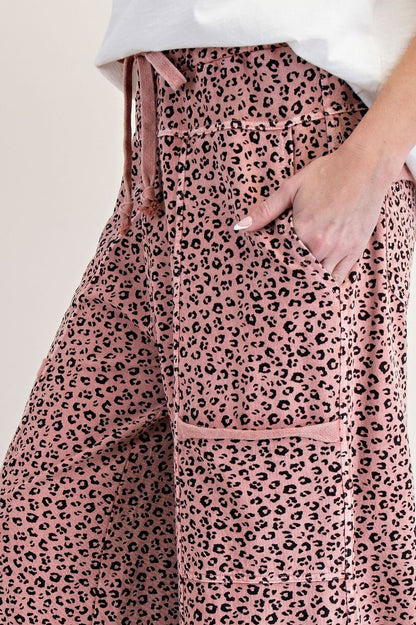 Easel Animal Print Terry Knit Lounge Pants Antique Rose