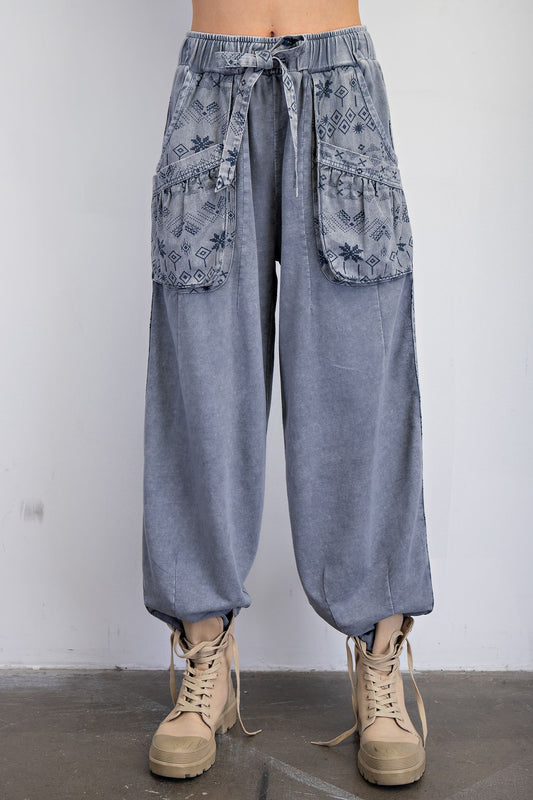 Easel Ethnic Print Barrel Pants Denim