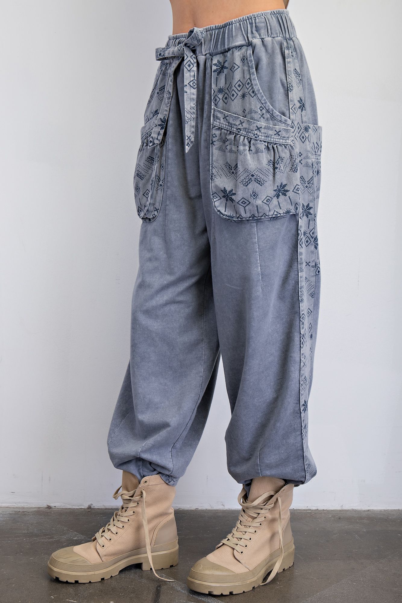 Easel Ethnic Print Barrel Pants Denim