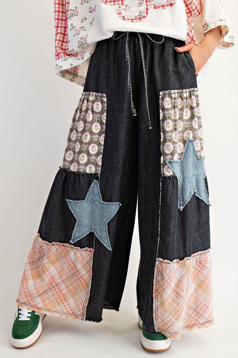 Patchwork Star Palazzo Pants Black Denim