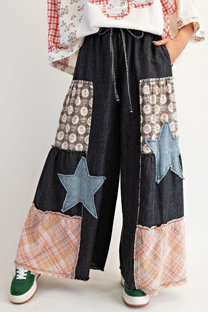 Patchwork Star Palazzo Pants Black Denim