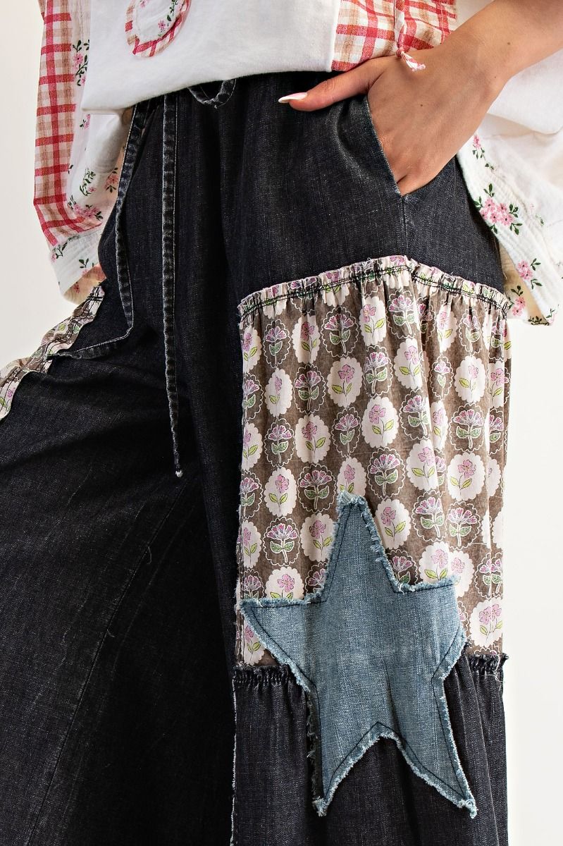 Patchwork Star Palazzo Pants Black Denim