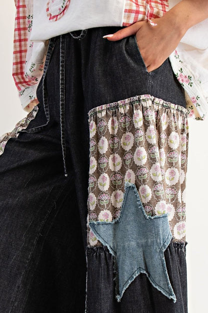 Patchwork Star Palazzo Pants Black Denim