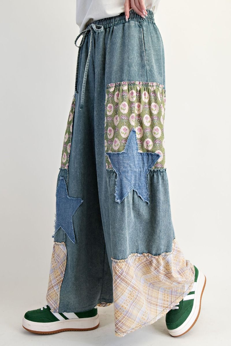 Patchwork Star Palazzo Pants Washed Denim