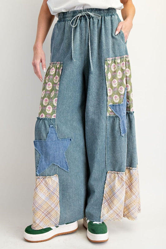 Patchwork Star Palazzo Pants Washed Denim
