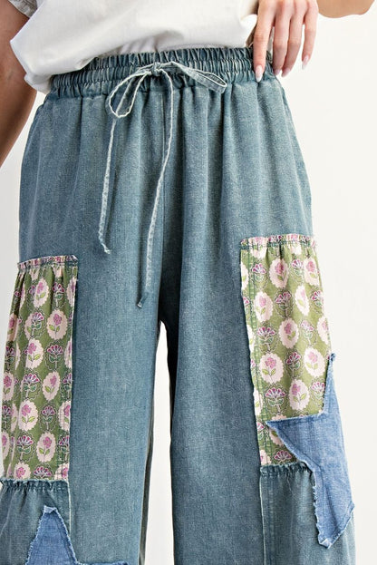 Patchwork Star Palazzo Pants Washed Denim
