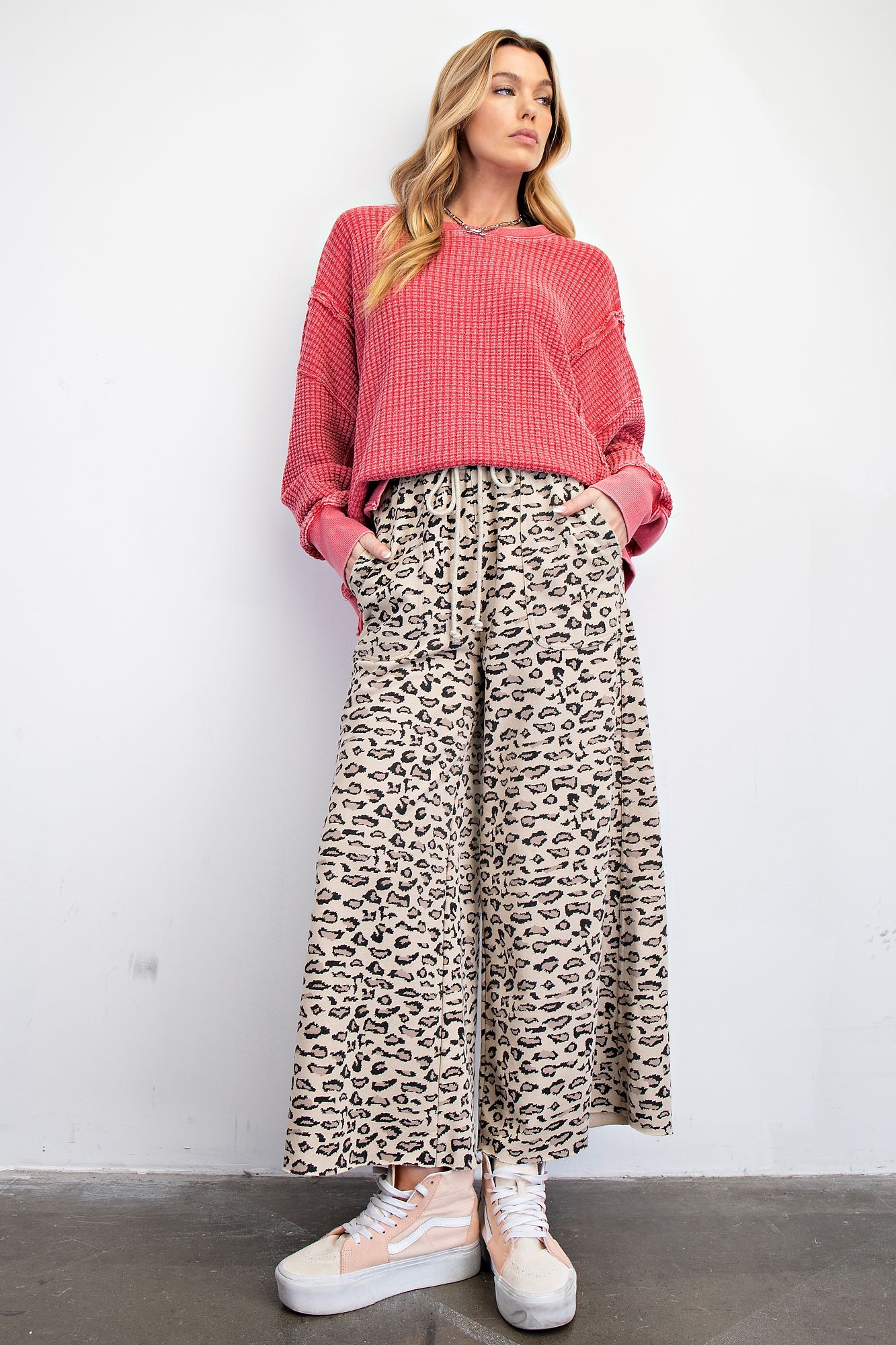 Easel Animal Print Terry Knit Pants Mocha