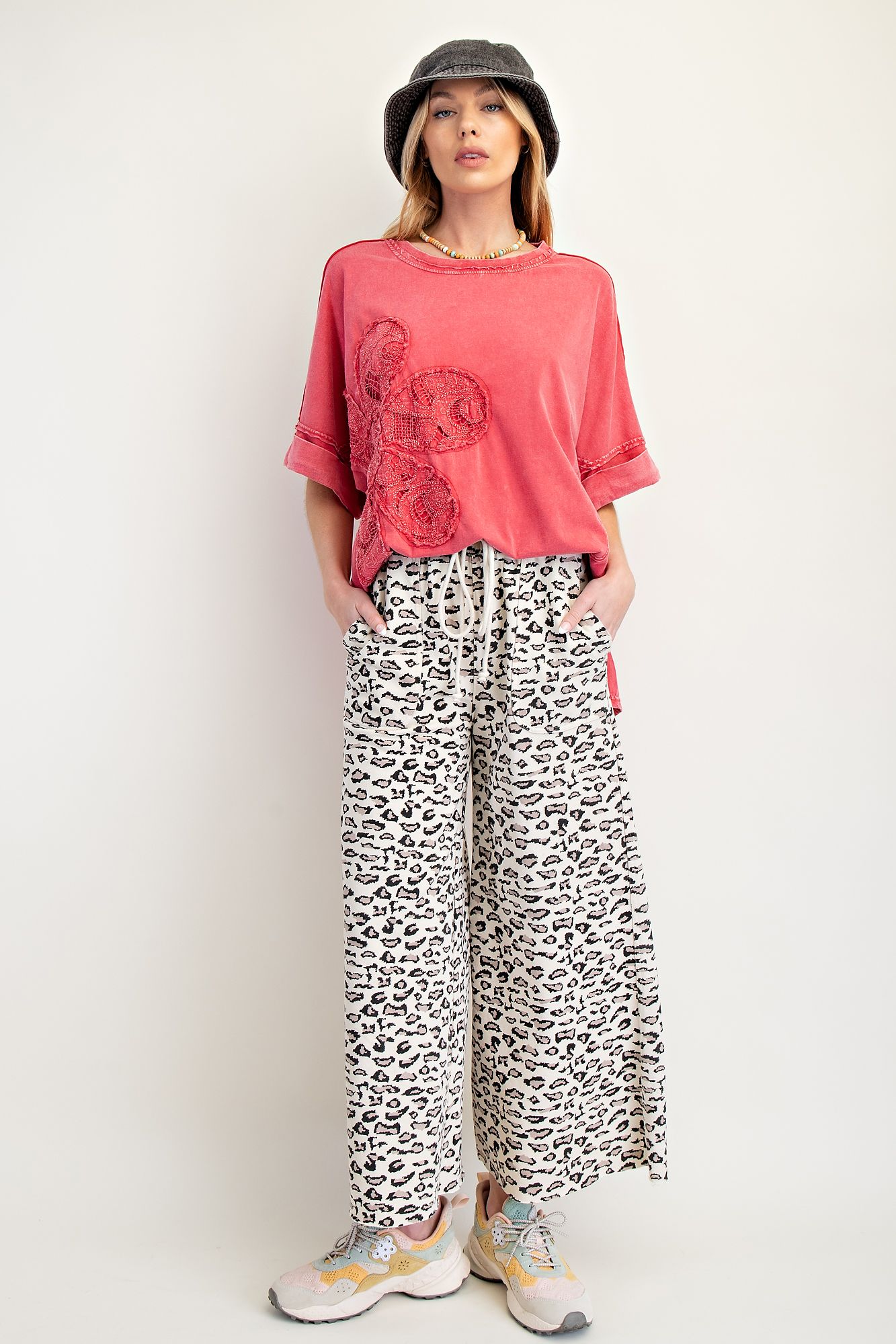 Easel Animal Print Terry Knit Pants Natural