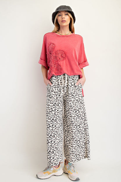 Easel Animal Print Terry Knit Pants Natural