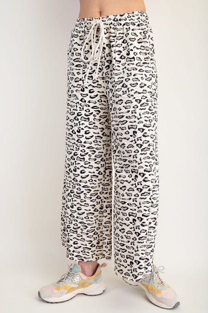 Easel Animal Print Terry Knit Pants Natural