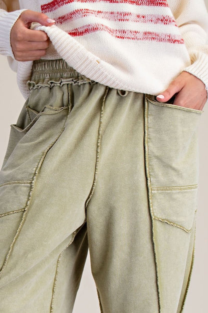 Easel Martini Olive Terry Knit Barrel Pants