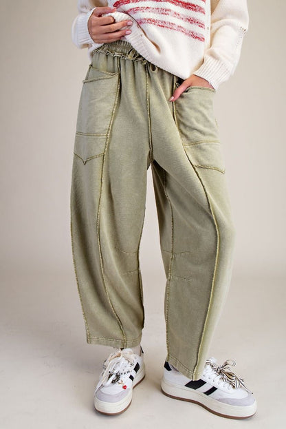 Easel Martini Olive Terry Knit Barrel Pants