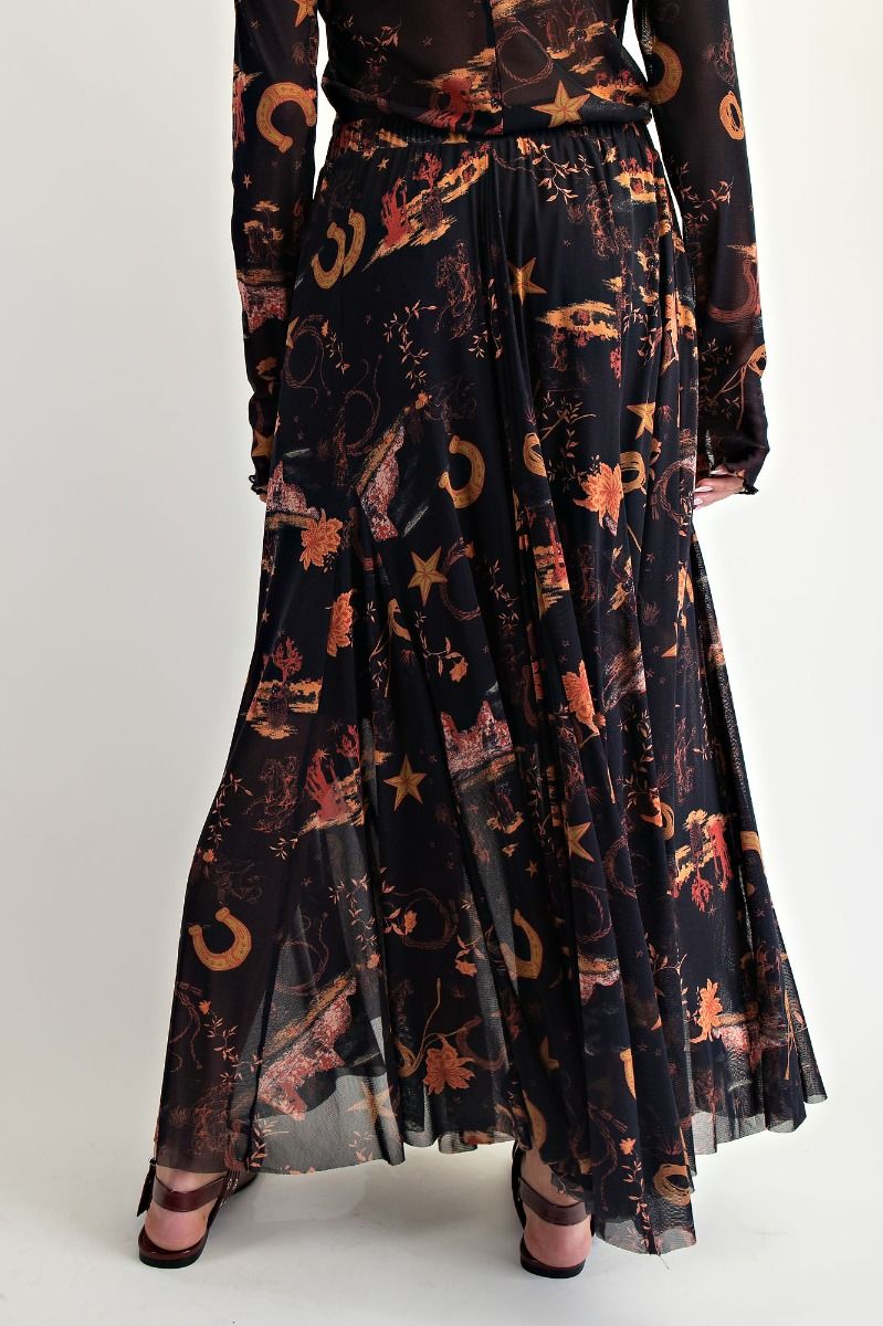 Western Print Mesh Swing Maxi Skirt Black