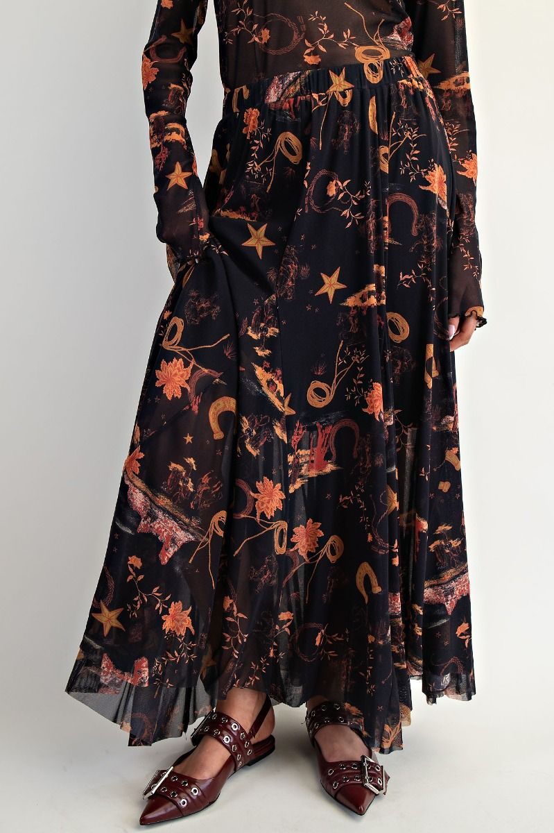 Western Print Mesh Swing Maxi Skirt Black