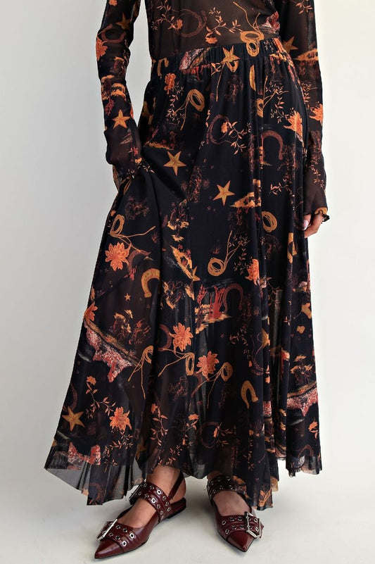 Western Print Mesh Swing Maxi Skirt Black