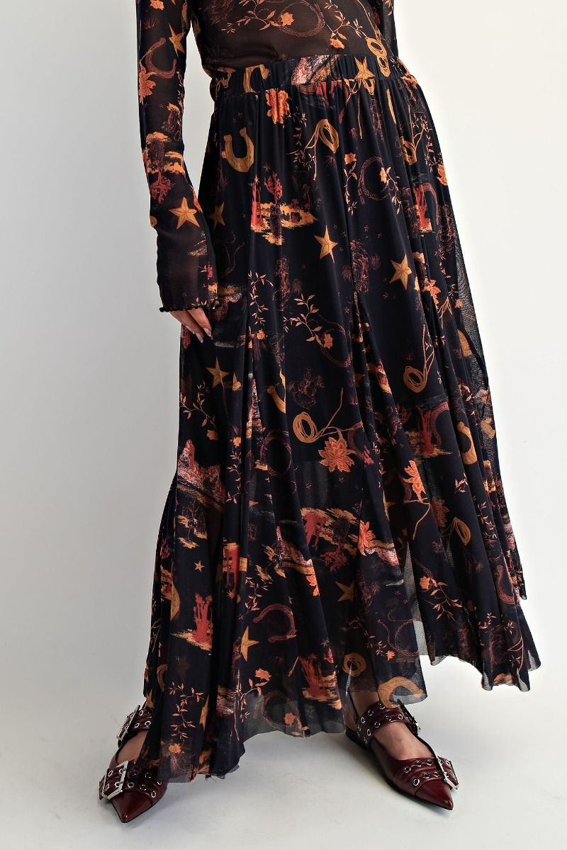 Western Print Mesh Swing Maxi Skirt Black