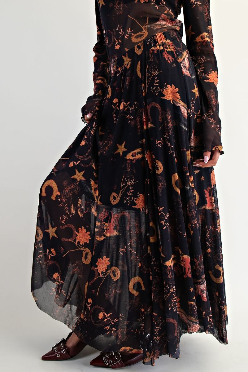 Western Print Mesh Swing Maxi Skirt Black