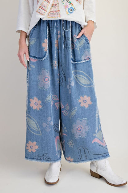 Easel Floral Print Washed Chambray Pants Light Denim