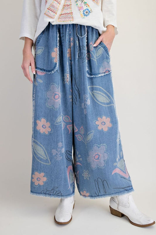 Easel Floral Print Washed Chambray Pants Light Denim