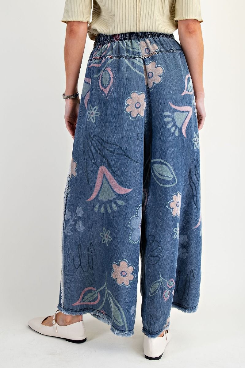 Easel Floral Print Washed Chambray Pants Washed Denim