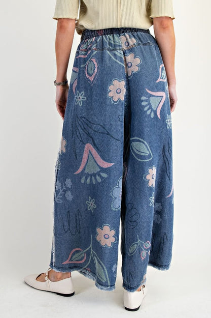 Easel Floral Print Washed Chambray Pants Washed Denim