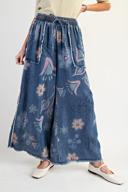 Easel Floral Print Washed Chambray Pants Washed Denim
